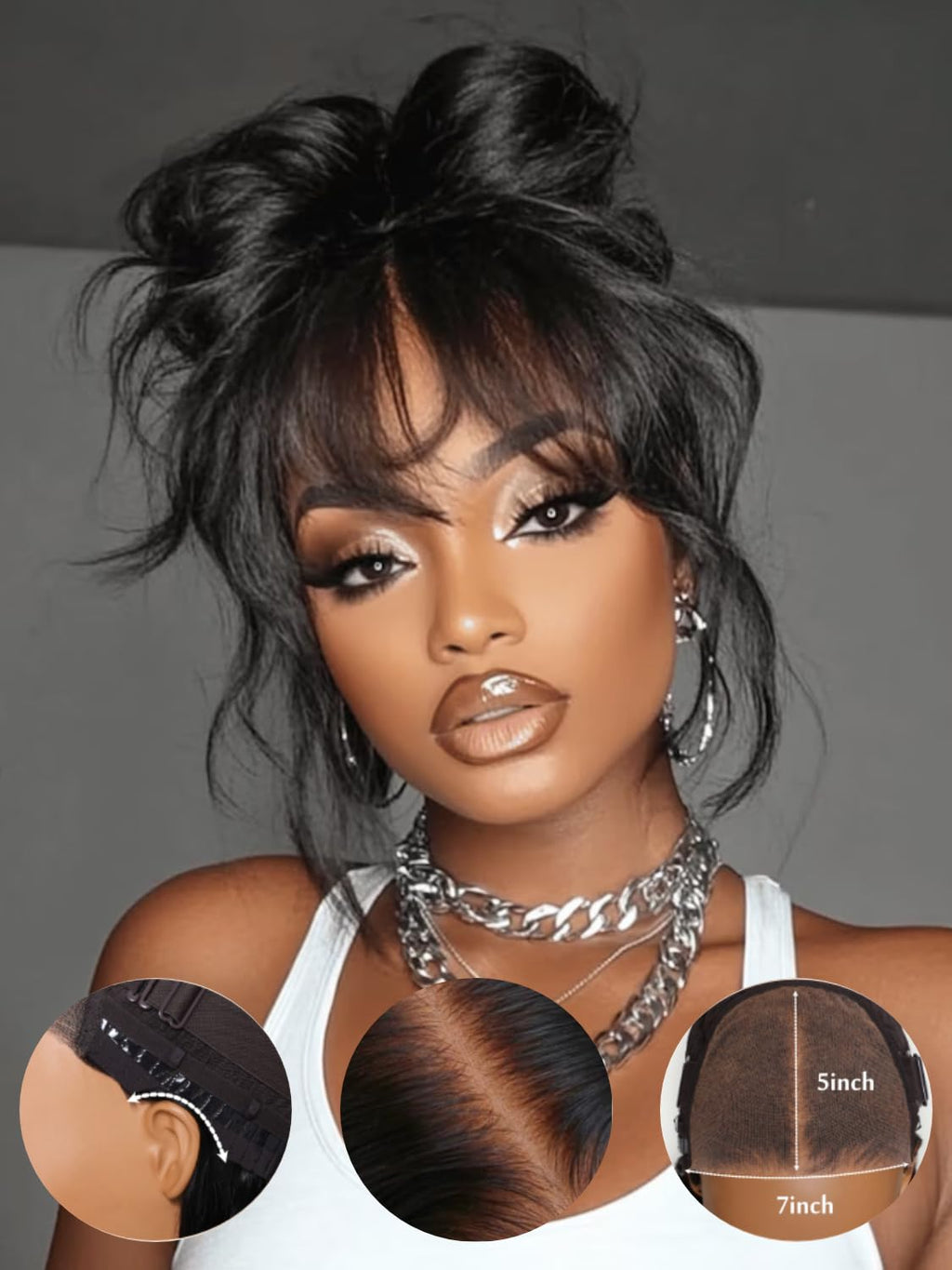 UNICE Bye Bye Knots Curtain Bangs Wig Loose Wave 7x5 Lace Glueless Pre Everything Wigs Human Hair Pre Plucked Pre Cut Bleached Knots Put on and Go Wig Natural Black for Women 180% Density 16 Inch