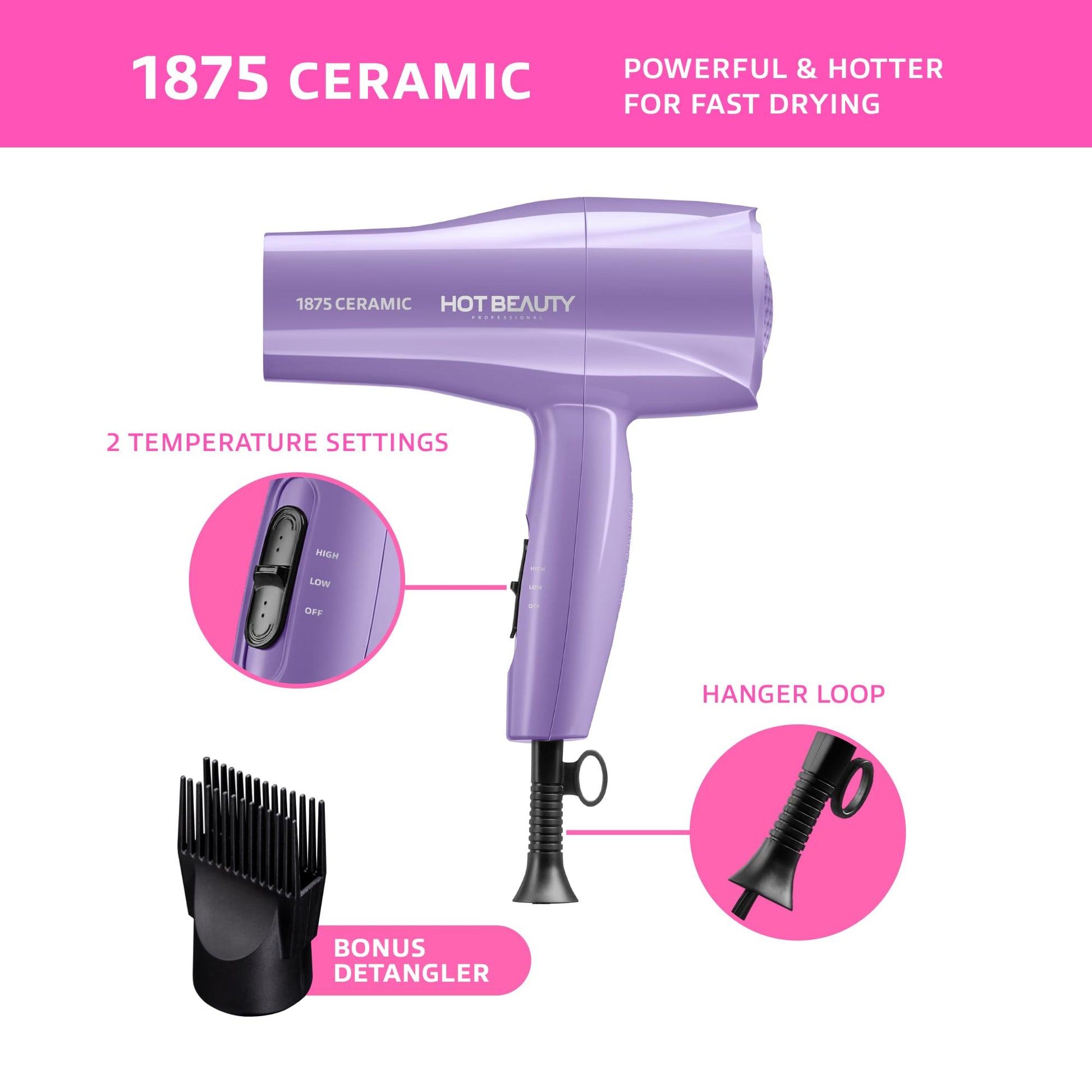 1875 Ceramic Hair Dryer, Powerful Fast Drying, Multi-Setting with Comb Attachment, Additional Detangler Included, Slide Bar Switch, Compact for Home & Travel (Purple)