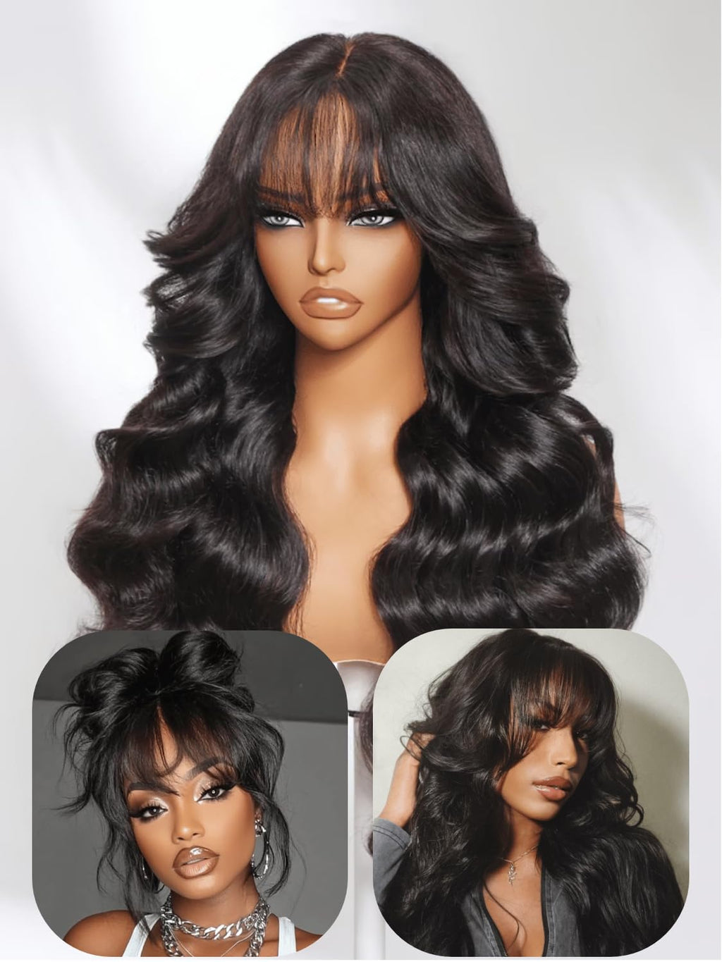 UNICE Bye Bye Knots Curtain Bangs Wig Loose Wave 7x5 Lace Glueless Pre Everything Wigs Human Hair Pre Plucked Pre Cut Bleached Knots Put on and Go Wig Natural Black for Women 180% Density 16 Inch