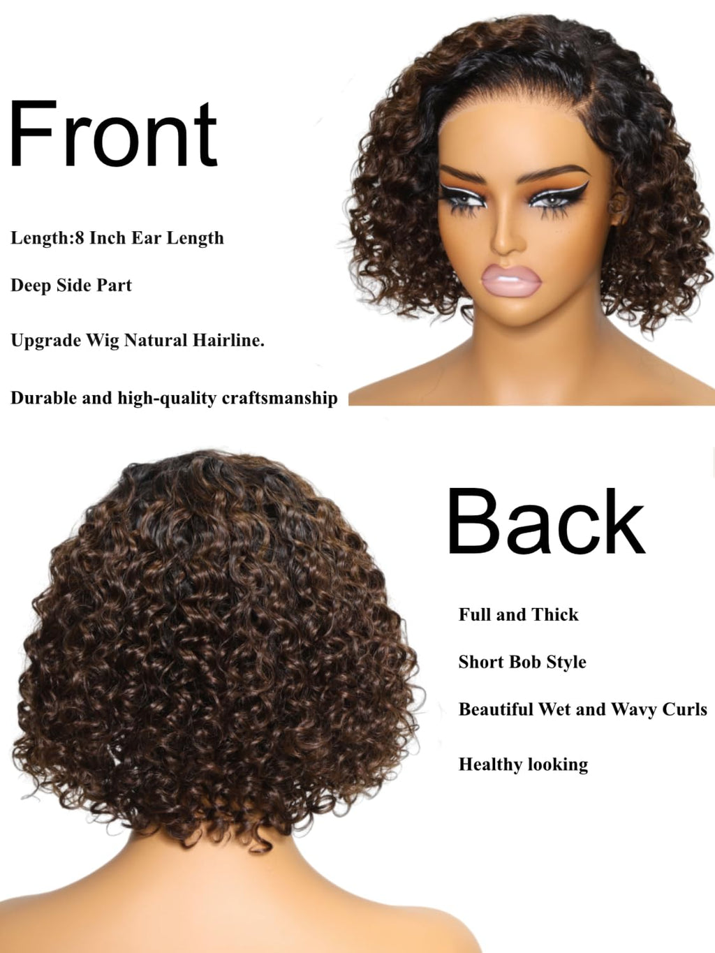 UNICE 10 inch Short Curly Bob Wig Human Hair Bye Bye Knots Glueless Wigs Pre Plucked Pre Cut Bleached Knots 7x5 Lace Closure Ready to Go Human Hair Bob Wig Ombre Brown Color