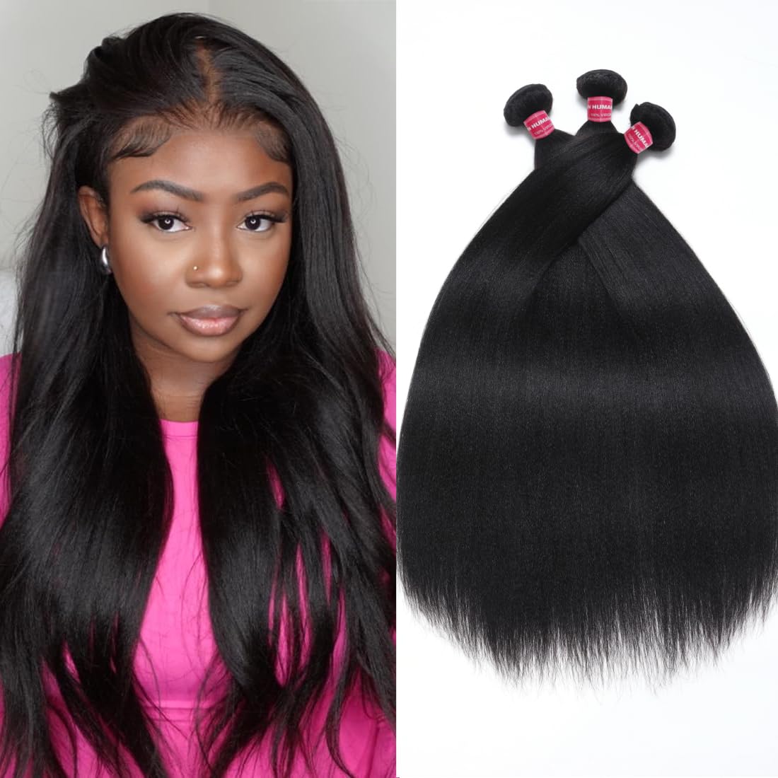 UNICE 12A Silk Yaki Straight Human Hair Weave 3 Bundles Unprocessed Virgin Real Human Hair Weft Sew in Human Hair Extensions for Women 16 18 20 inch