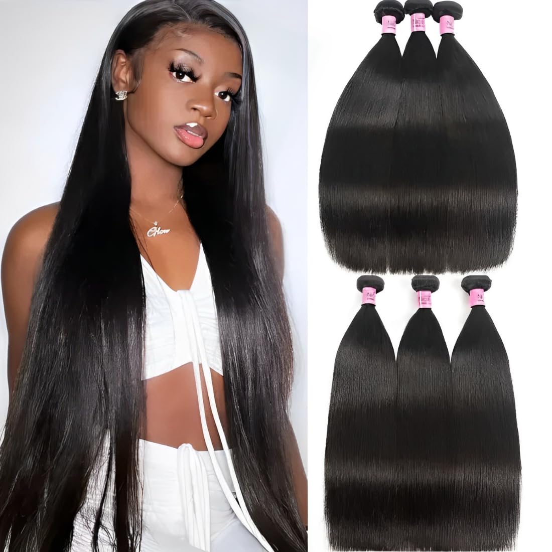 UNICE 12A Silk Yaki Straight Human Hair Weave 3 Bundles Unprocessed Virgin Real Human Hair Weft Sew in Human Hair Extensions for Women 16 18 20 inch