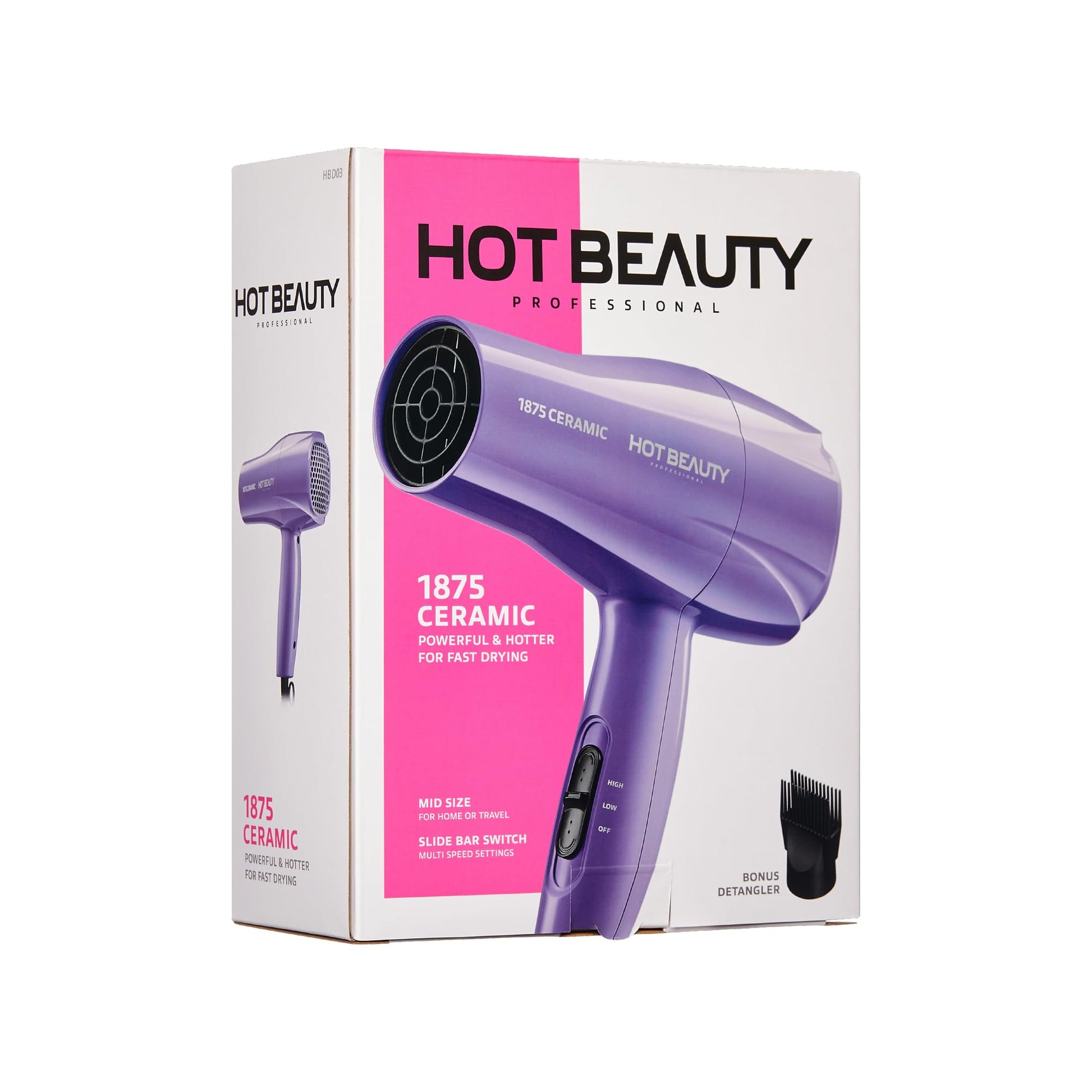 1875 Ceramic Hair Dryer, Powerful Fast Drying, Multi-Setting with Comb Attachment, Additional Detangler Included, Slide Bar Switch, Compact for Home & Travel (Purple)