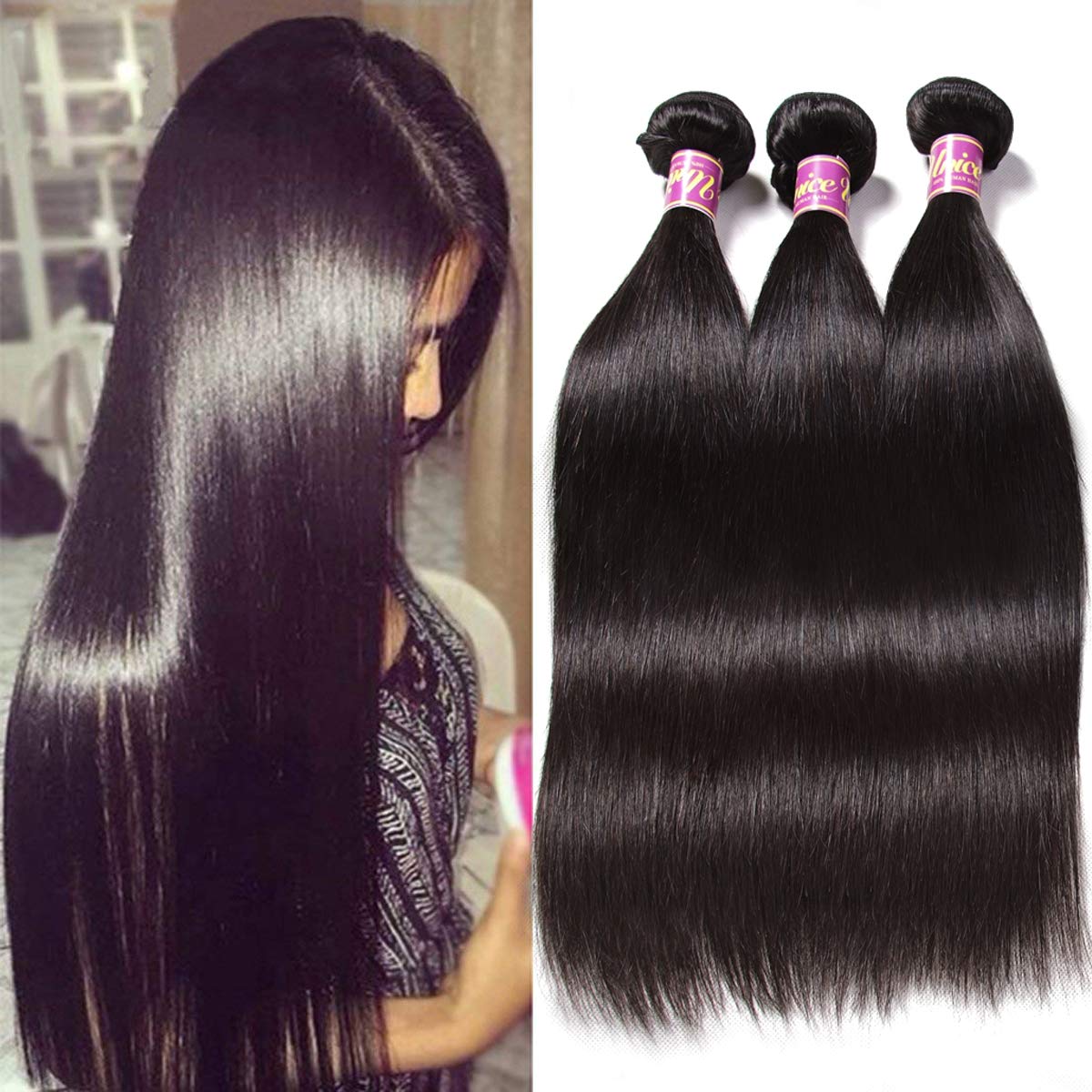 UNICE 12A Silk Yaki Straight Human Hair Weave 3 Bundles Unprocessed Virgin Real Human Hair Weft Sew in Human Hair Extensions for Women 16 18 20 inch