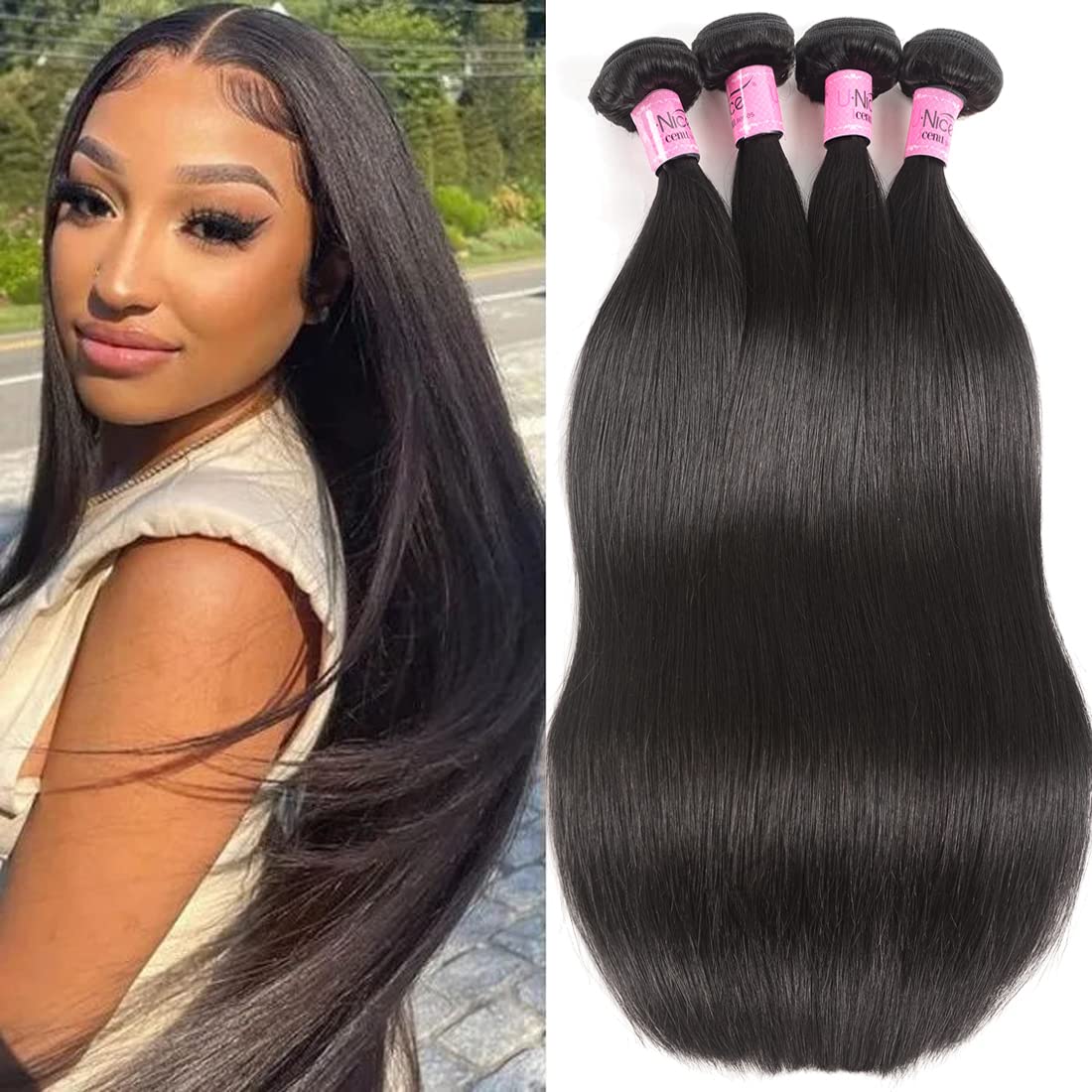 UNICE 12A Silk Yaki Straight Human Hair Weave 3 Bundles Unprocessed Virgin Real Human Hair Weft Sew in Human Hair Extensions for Women 16 18 20 inch
