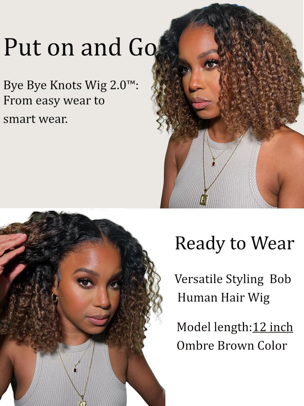 UNICE 10 inch Short Curly Bob Wig Human Hair Bye Bye Knots Glueless Wigs Pre Plucked Pre Cut Bleached Knots 7x5 Lace Closure Ready to Go Human Hair Bob Wig Ombre Brown Color