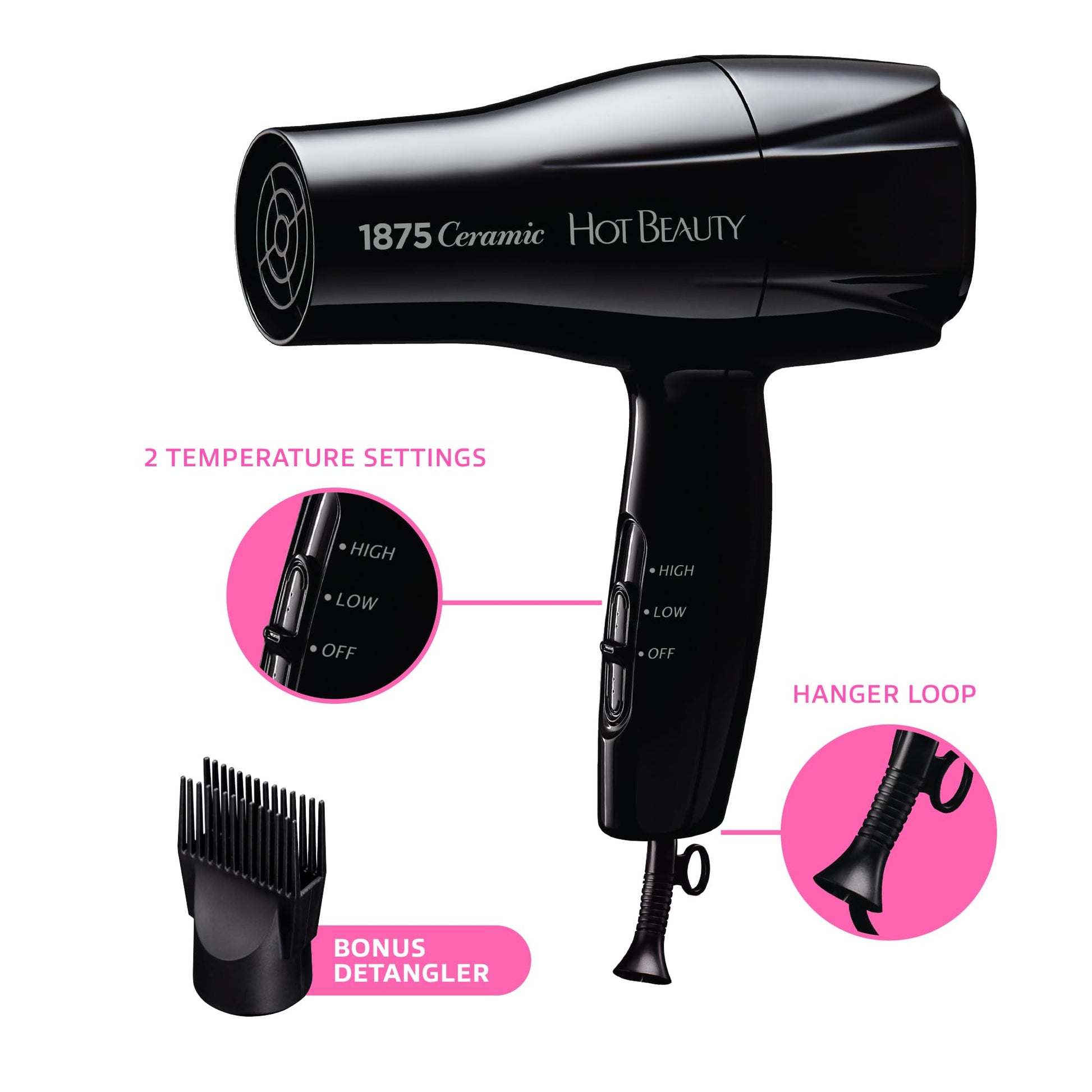 1875 Ceramic Hair Dryer, Powerful Fast Drying, Multi-Setting with Comb Attachment, Additional Detangler Included, Slide Bar Switch, Compact for Home & Travel (Purple)