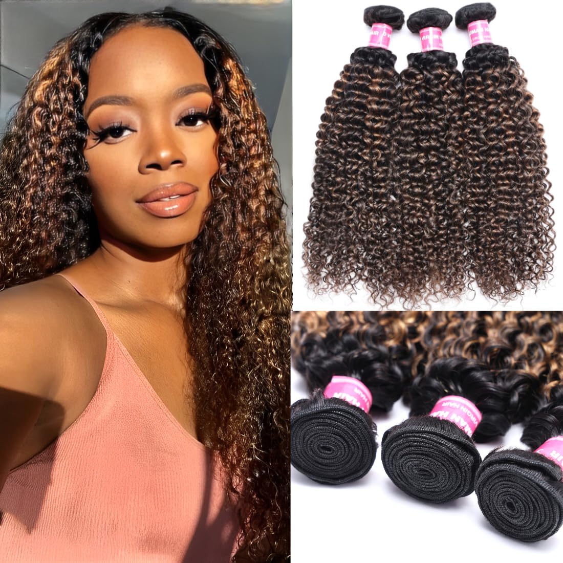 UNICE Human Hair Bundles Curly 16 18 120 inch 100% Unprocessed Brazilian Virgin Weave 3 Bundle Real Natural Black Human Hair Extensions 1B Natural Black Color for Women