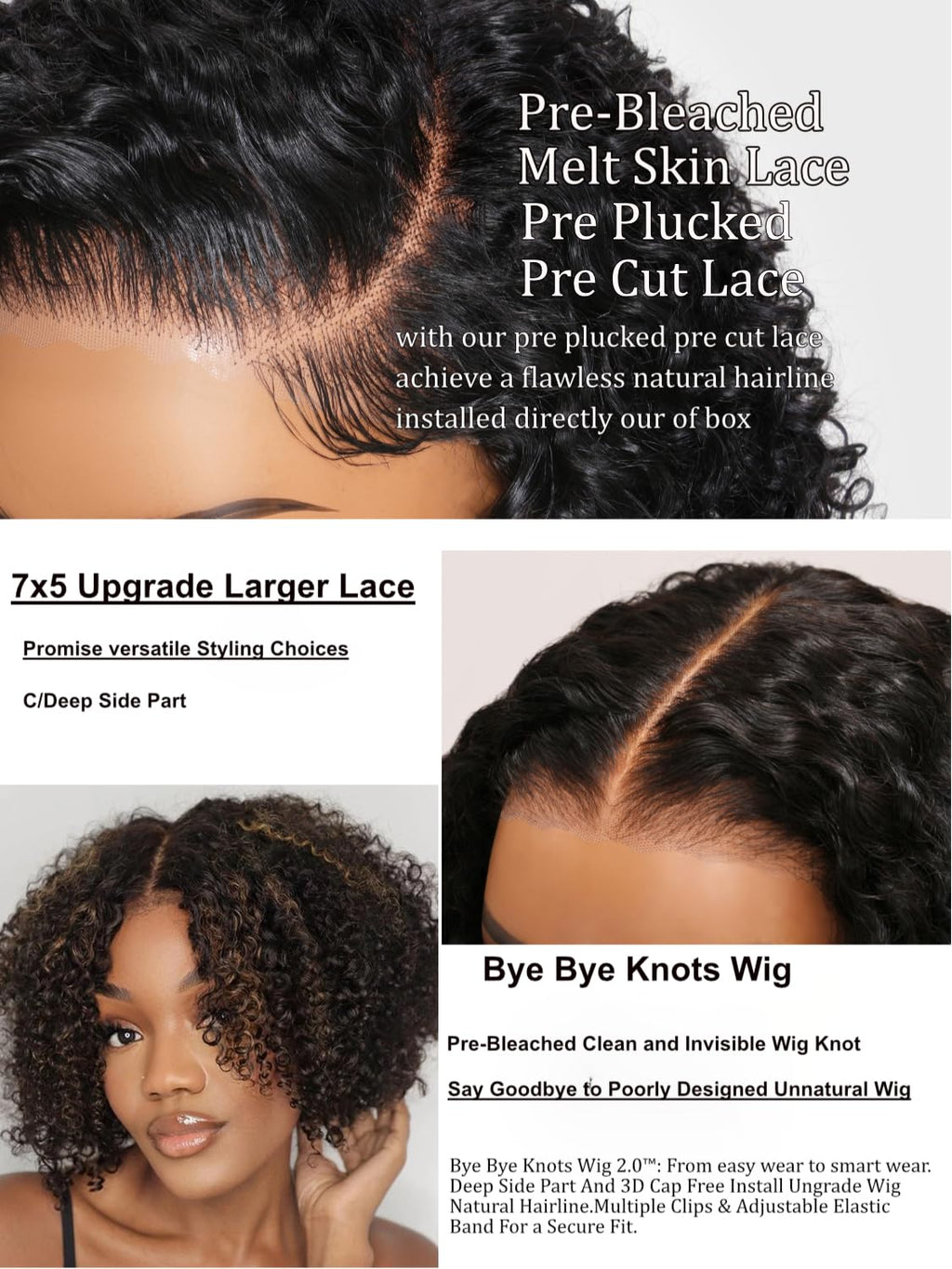 UNICE 10 inch Short Curly Bob Wig Human Hair Bye Bye Knots Glueless Wigs Pre Plucked Pre Cut Bleached Knots 7x5 Lace Closure Ready to Go Human Hair Bob Wig Ombre Brown Color