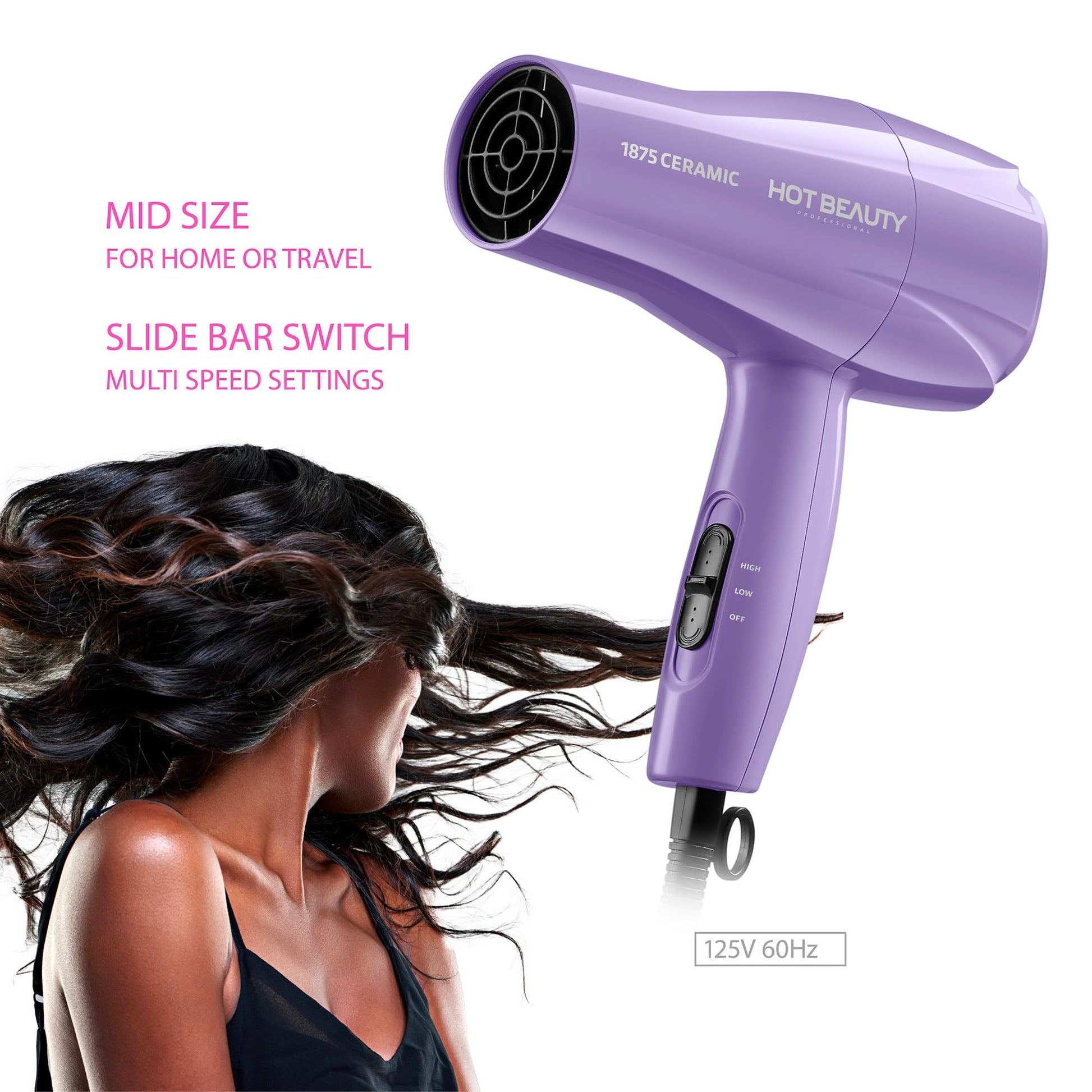 1875 Ceramic Hair Dryer, Powerful Fast Drying, Multi-Setting with Comb Attachment, Additional Detangler Included, Slide Bar Switch, Compact for Home & Travel (Purple)