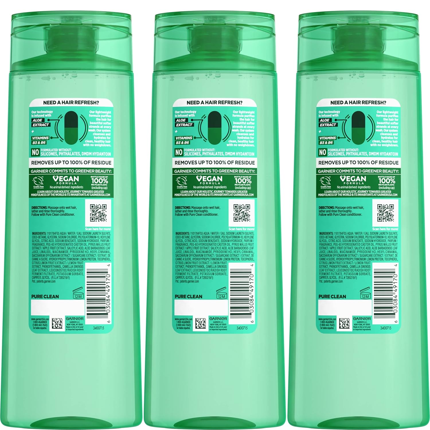 Garnier Fructis Pure Clean Purifying Shampoo, Silicone-Free, 12.5 Fl Oz, 3 Count (Packaging May Vary)